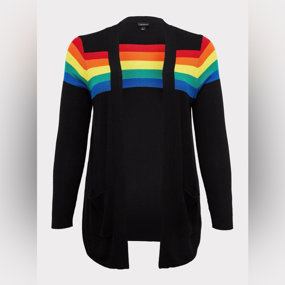 torrid Black Open-Front Cardigan with Rainbow Stripe Yoke
